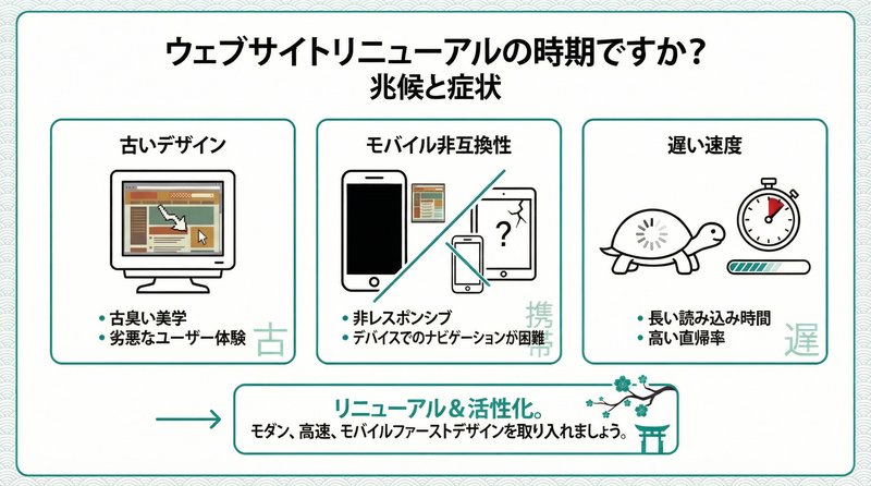 ホームページリニューアルのタイミングを示す図解