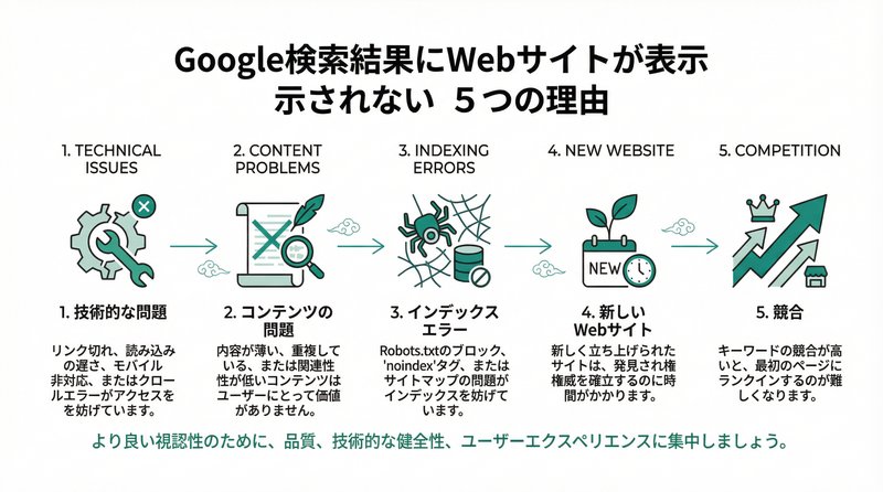 検索で出てこない5つの原因を示す図解