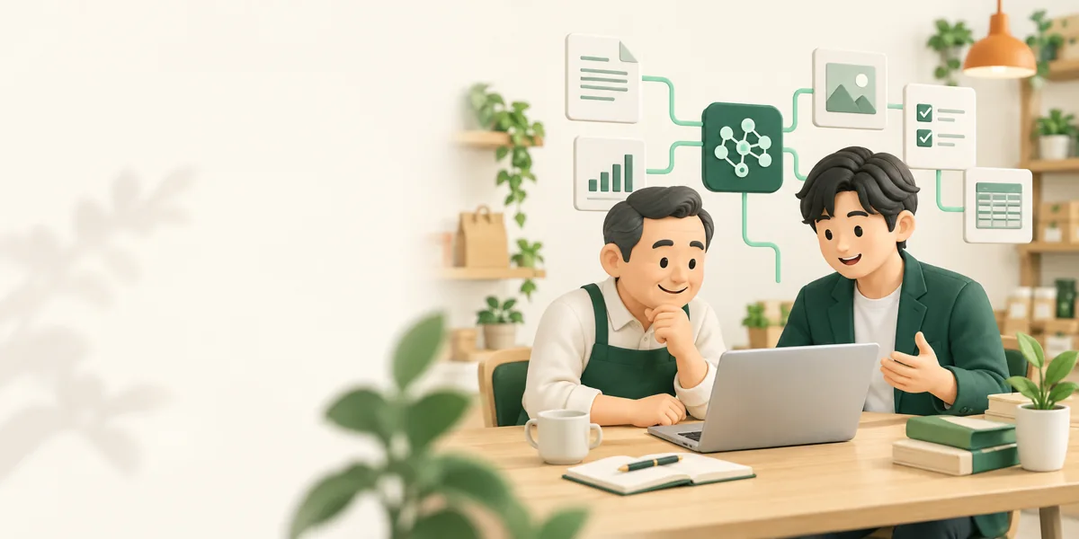 経営者とエンジニアが業務の流れを一緒に整理するイメージ