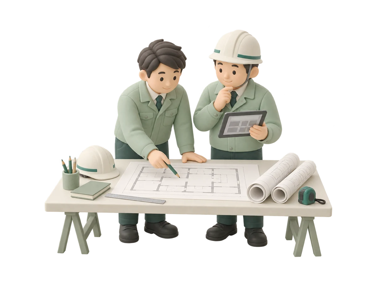 図面とタブレットで建設業務を確認するイラスト