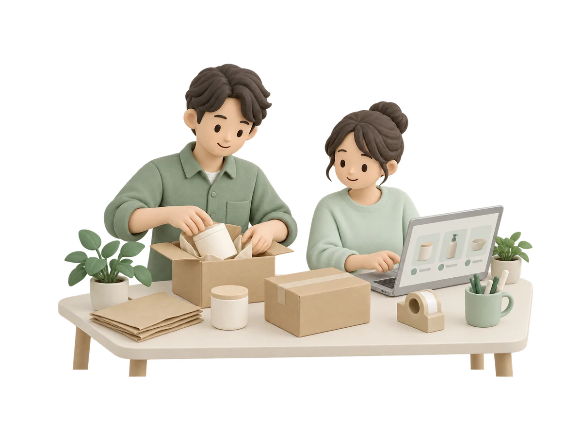 商品の梱包とオンラインショップの注文を確認するイラスト